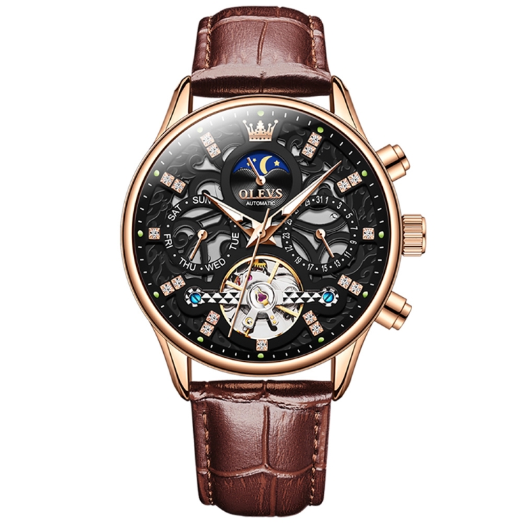 OLEVS 6658 Men Luminous Waterproof Leather Strap Mechanical Watch(Black + Rose Gold)