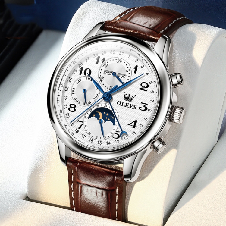 OLEVS 6667 Multifunction Waterproof Luminous Mechanical Men Watch(Leather Band+White)