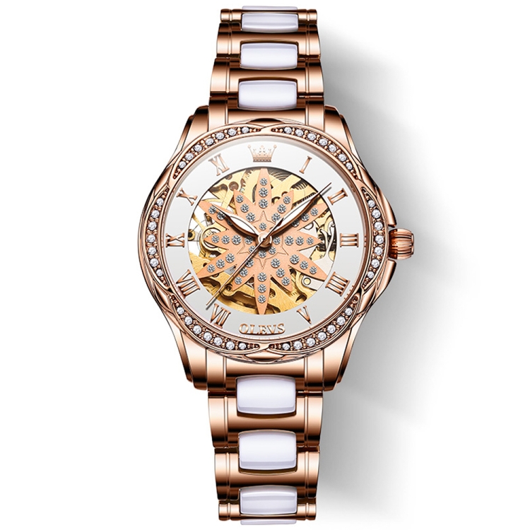 OLEVS 6681 Women Multifunctional Hollow Waterproof Mechanical Watch(White Surface Ceramic Belt)