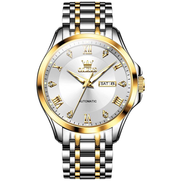 OLEVS 6702 Men Waterproof Luminous Dual Calendar Mechanical Watch(White Gold)