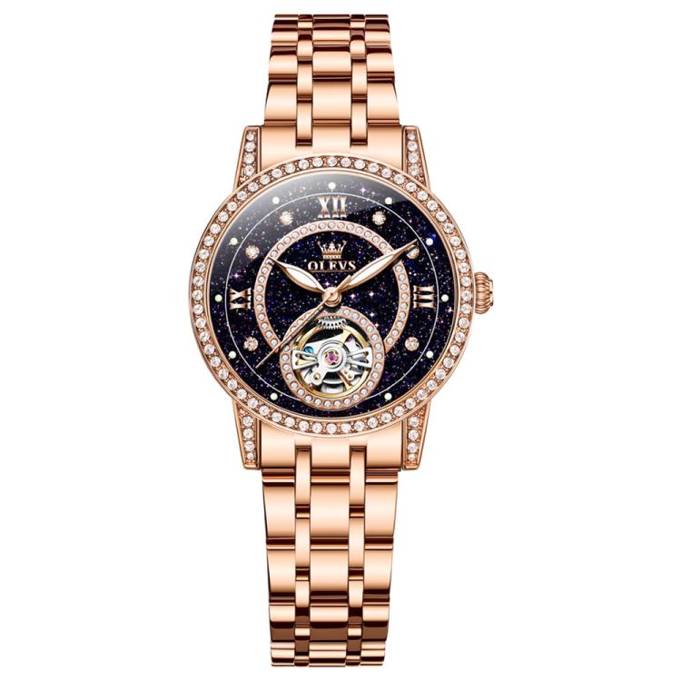 OLEVS 7036 Women Starry Sky Disk Luminous Skeleton Mechanical Watch(Rose Gold Black)