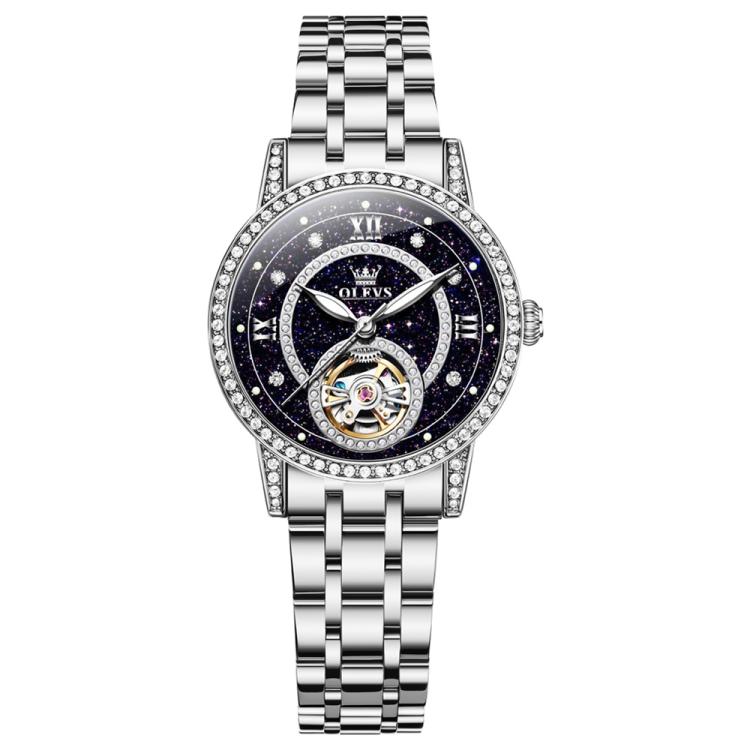 OLEVS 7036 Women Starry Sky Disk Luminous Skeleton Mechanical Watch(Silver Black)