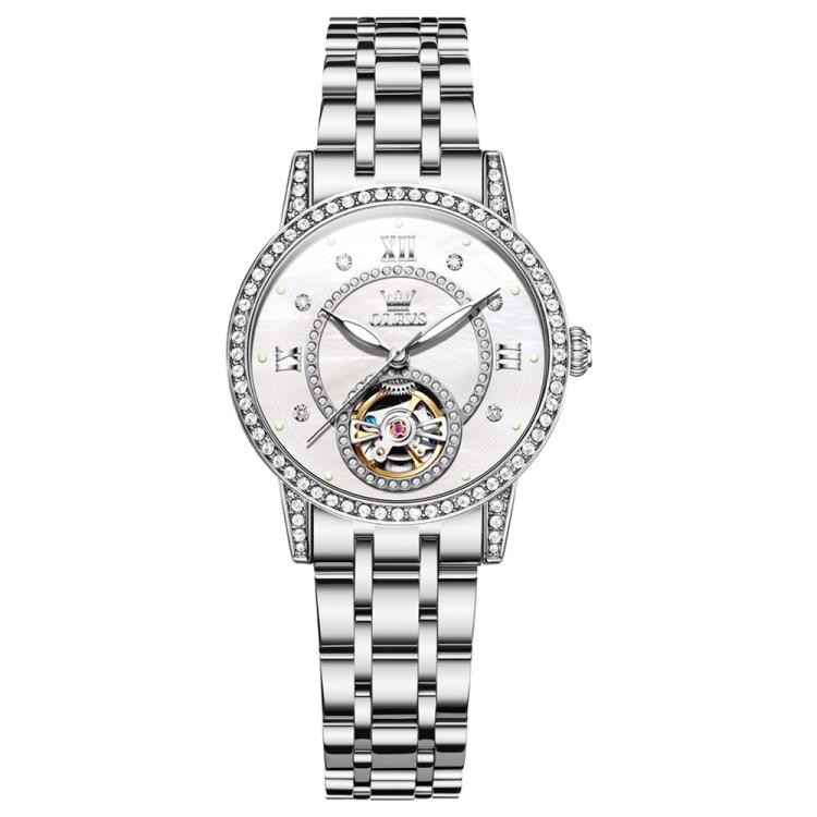 OLEVS 7036 Women Starry Sky Disk Luminous Skeleton Mechanical Watch(Silver White)