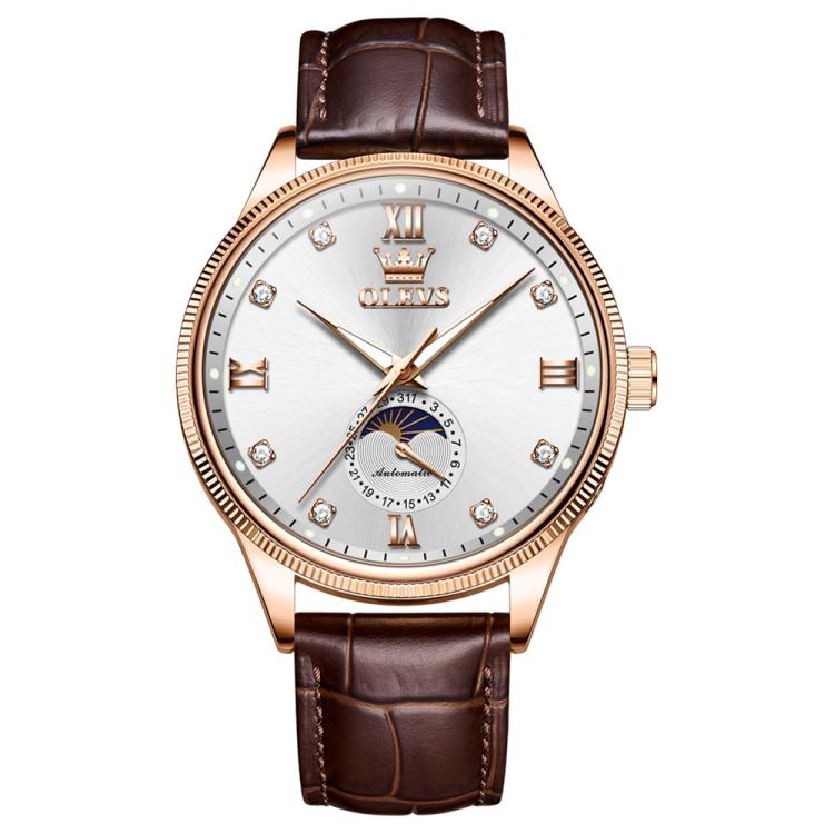 OLEVS 7039 Men Sun Moon Star Luminous Waterproof Mechanical Watch(Rose Gold White)