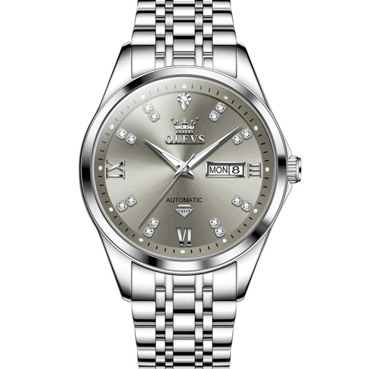 OLEVS 9801 Men Diamond Waterproof Dual Calendar Mechanical Watch(Grey)