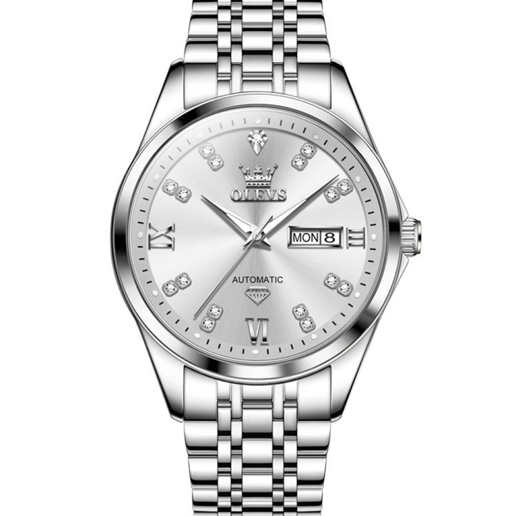 OLEVS 9801 Men Diamond Waterproof Dual Calendar Mechanical Watch(White)