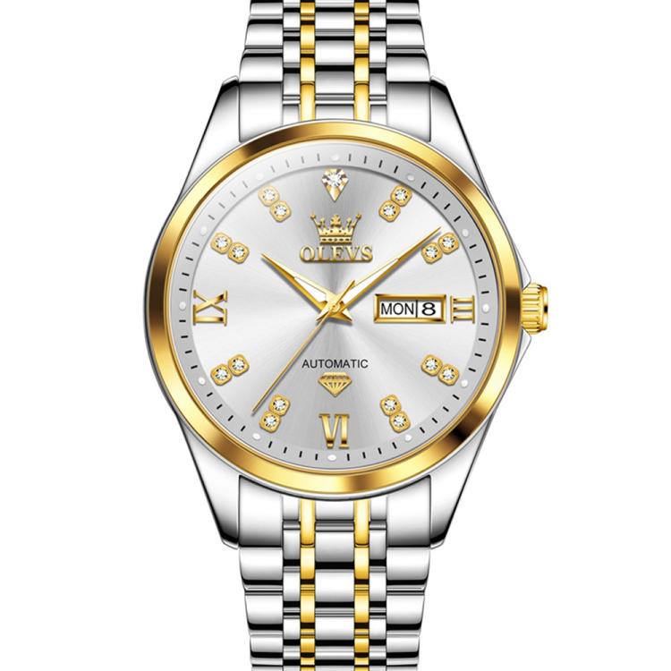 OLEVS 9801 Men Diamond Waterproof Dual Calendar Mechanical Watch(White Gold)