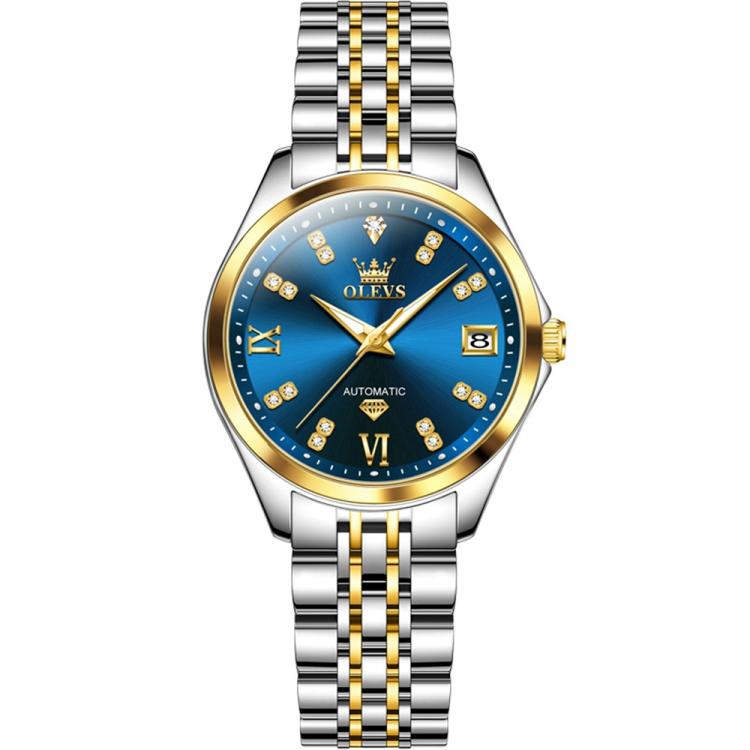 OLEVS 9801 Women Diamond Waterproof Single Calendar Mechanical Watch(Blue Gold)