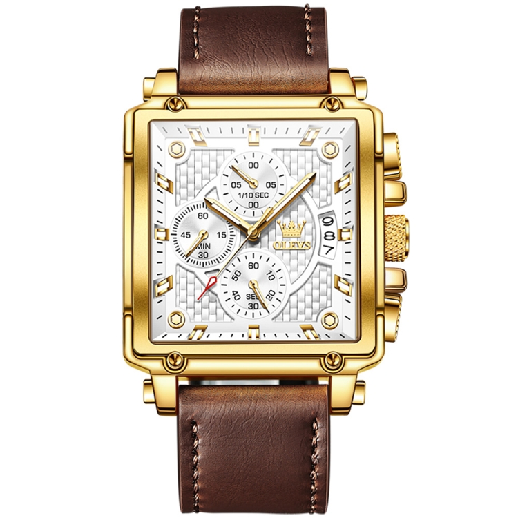 OLEVS 9925 Men Square Dial Multifunctional Waterproof Quartz Watch(White + Gold)
