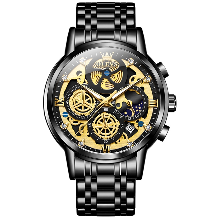 OLEVS 9947 Men Multifunctional Hollow Waterproof Quartz Watch(Black)