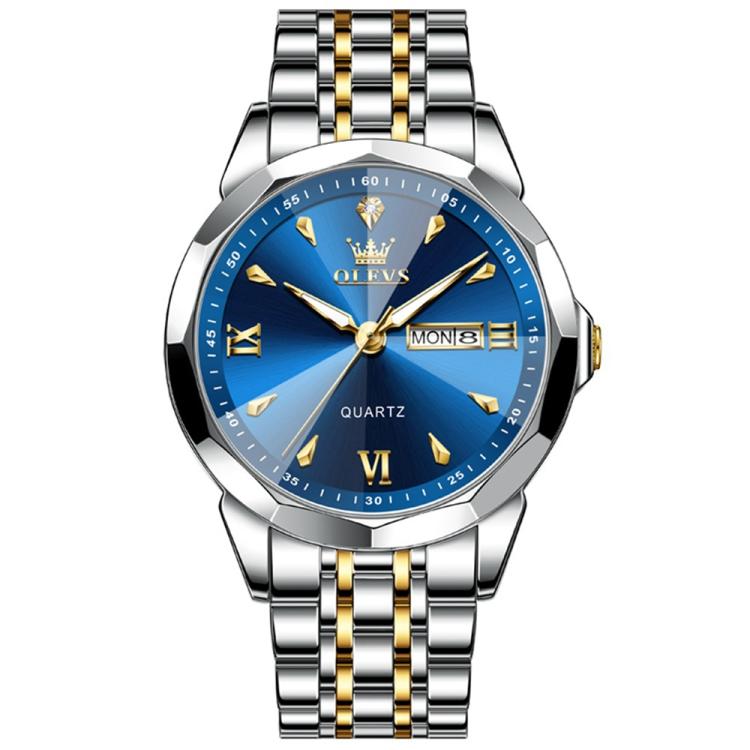 OLEVS 9998 Men Diamond Face Dual Calendar Waterproof Quartz Watch(Blue + Gold)