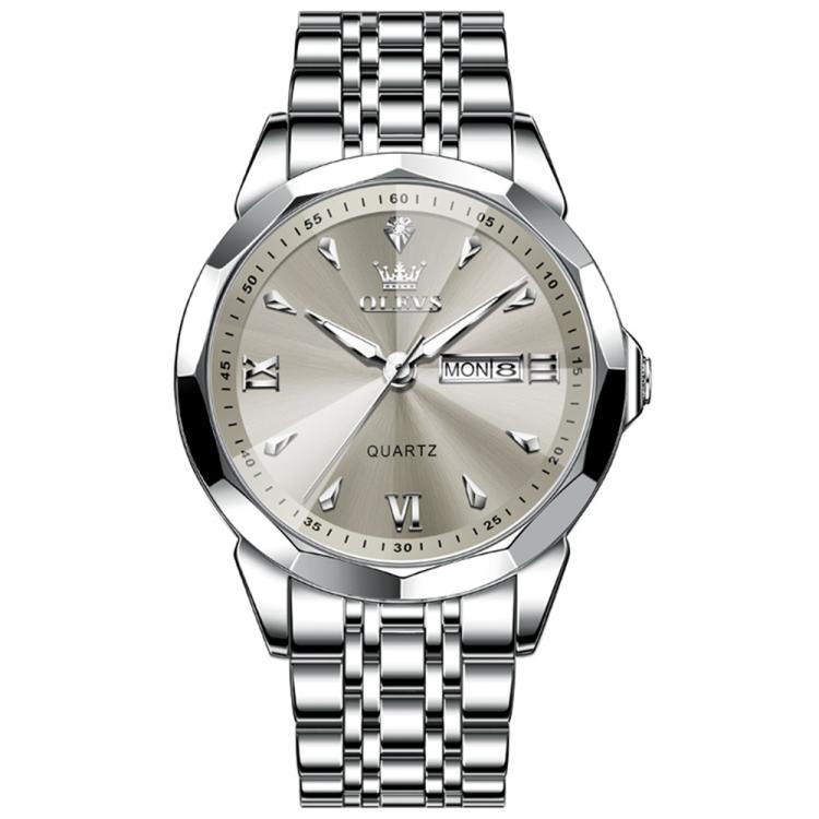 OLEVS 9998 Men Diamond Face Dual Calendar Waterproof Quartz Watch(Grey + Silver)