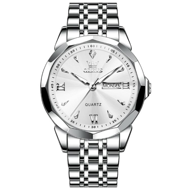 OLEVS 9998 Men Diamond Face Dual Calendar Waterproof Quartz Watch(White + Silver)