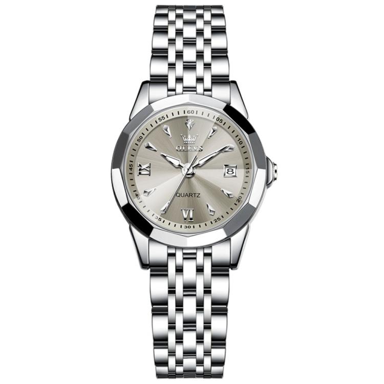 OLEVS 9998 Women Diamond Face Dual Calendar Waterproof Quartz Watch(Grey + Silver)