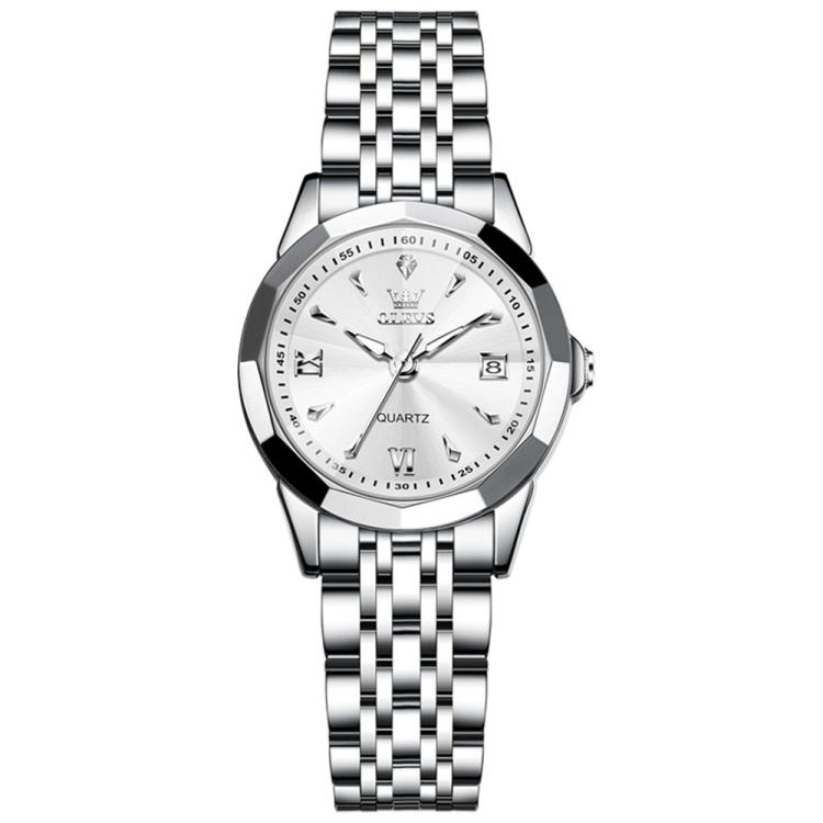 OLEVS 9998 Women Diamond Face Dual Calendar Waterproof Quartz Watch(White + Silver)