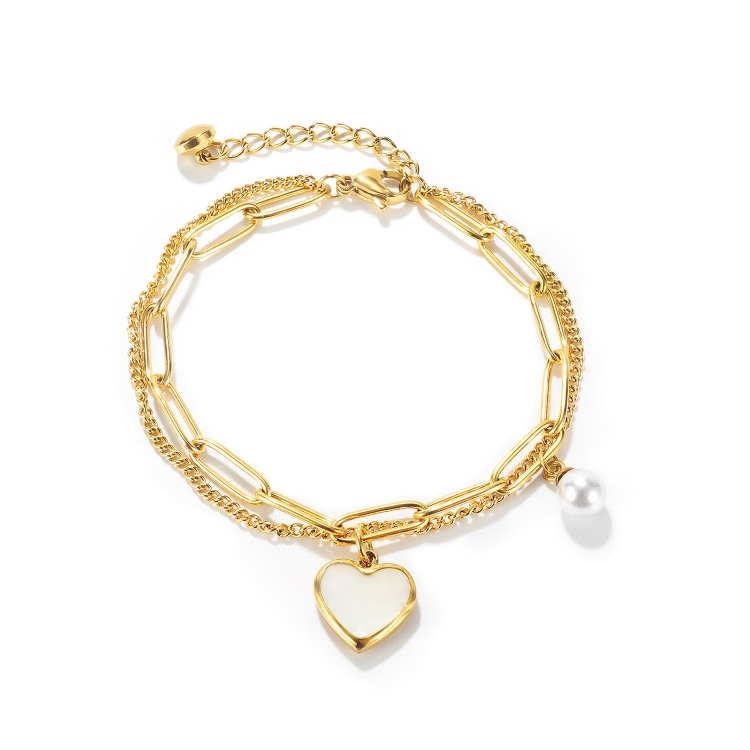 OPK 1106 Cold Style Personalized Double Layer Temperament Peach Heart Pearl Stainless Steel Bracelet, Color: Gold