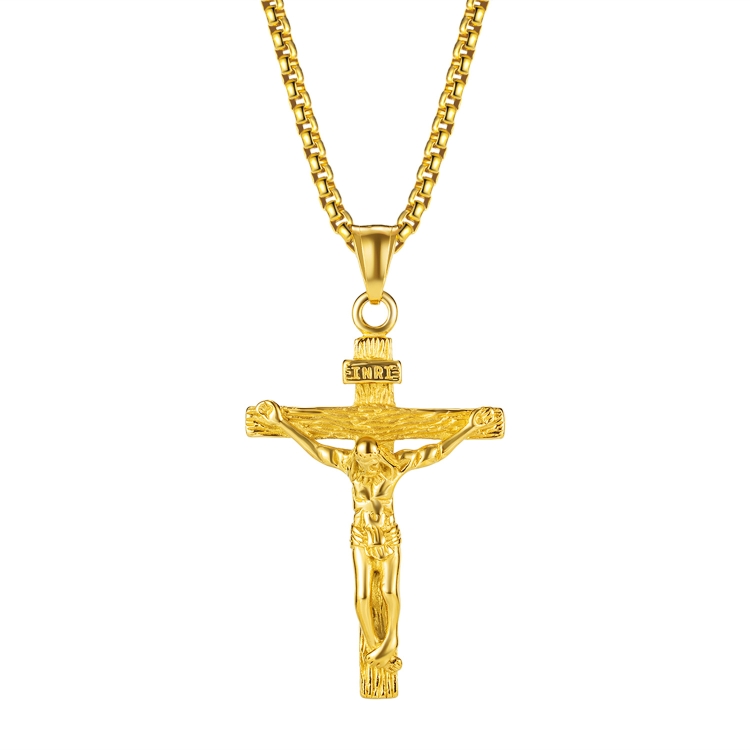OPK 810 Retro Cross Frame Titanium Steel Men Pendant Necklace, Color: Gold+3x55cm Pearl Chain