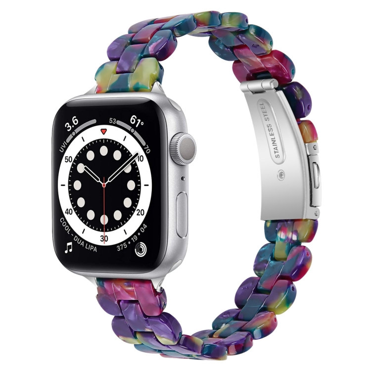 Oval Resin Watch Band For Apple Watch Series 9&8&7 41mm / SE 3&SE 2&6&SE&5&4 40mm / 3&2&1 38mm(Purple Green Flower)