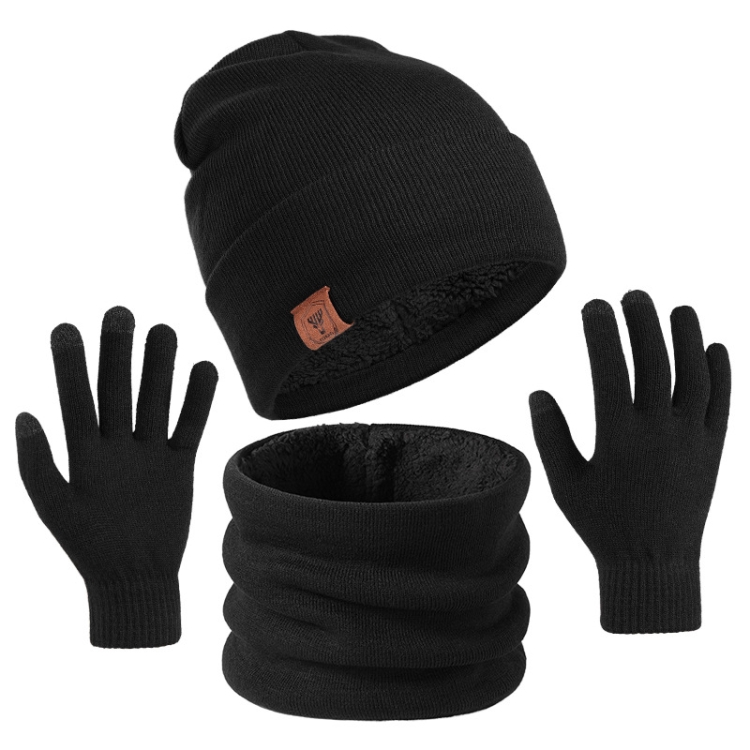 OZERO Plain Warm Wool Hat Scarf Gloves 3 In 1 Set For Men And Women(Black)