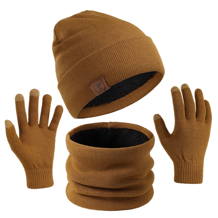 OZERO Plain Warm Wool Hat Scarf Gloves 3 In 1 Set For Men And Women(Brown)
