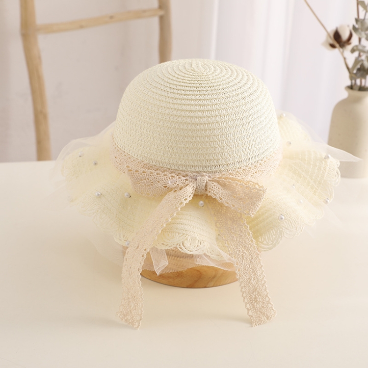Parent-child Princess Style Beach Hat Straw Hat Adult 56-58cm(Milk White)