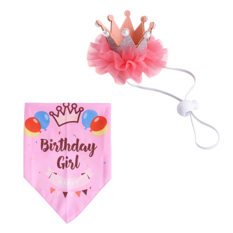 Pet Birthday Suit Pearl Crown Hat Triangle Scarf Combination Birthday Dress Up Pet Supplies(Balloon Pink)