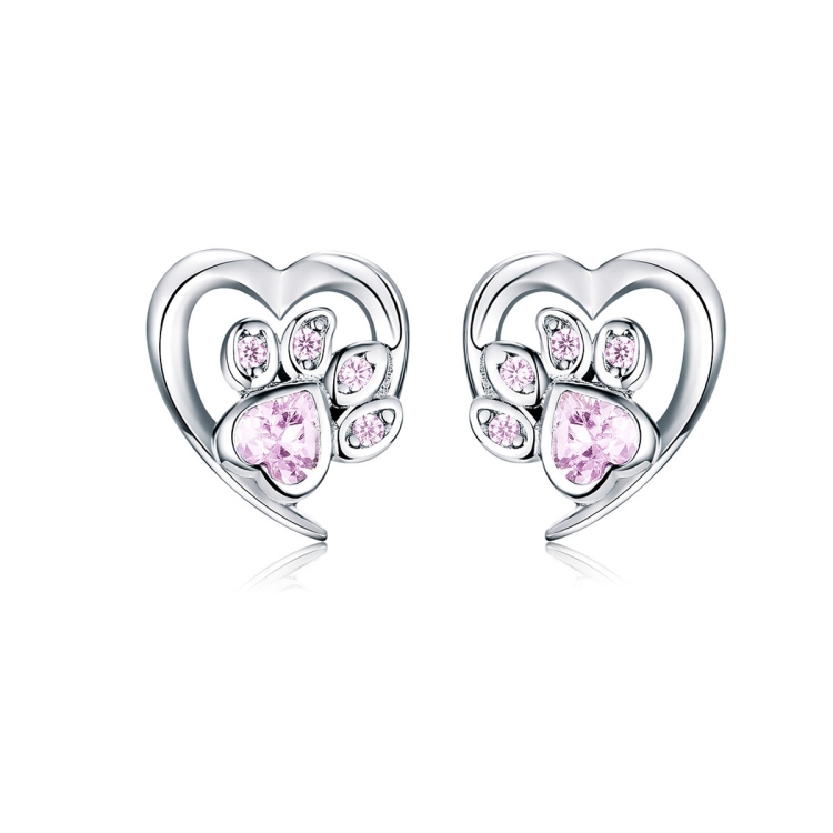 Pet Paw Print Earrings Platinum-plated Love Heart-shaped Girls Earrings, Color:Pink
