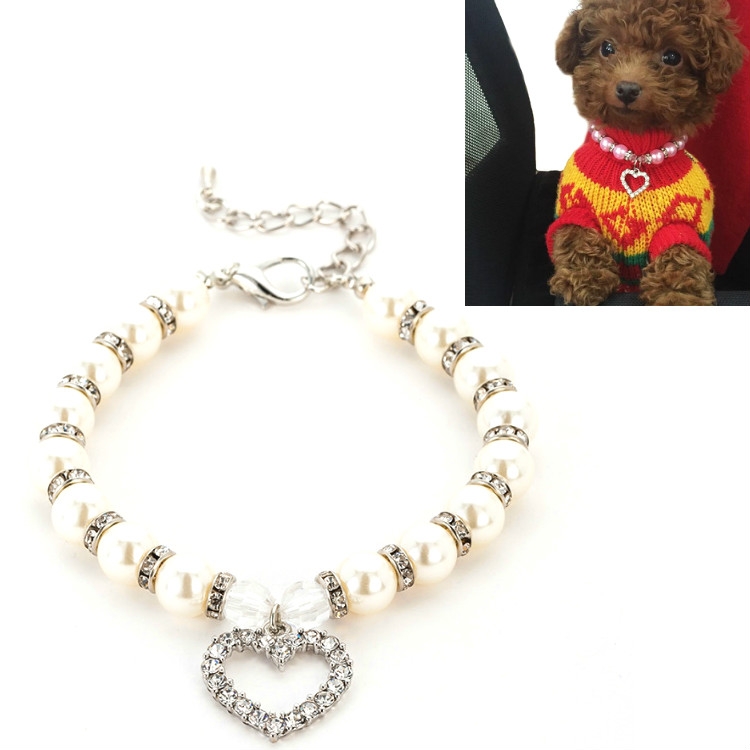 Pet Supplies Pearl Necklace Pet Collars Cat and Dog Accessories, Size:L(White)