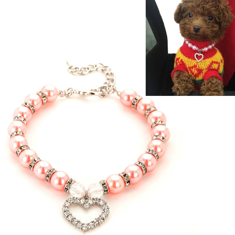 Pet Supplies Pearl Necklace Pet Collars Cat and Dog Accessories, Size:S(Pink)