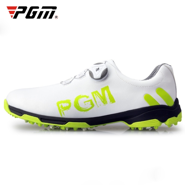 PGM Golf Rotating Buckle Waterproof Microfiber Leather Breathable Non-slip Sneakers for Men(Color:White Green Size:39)