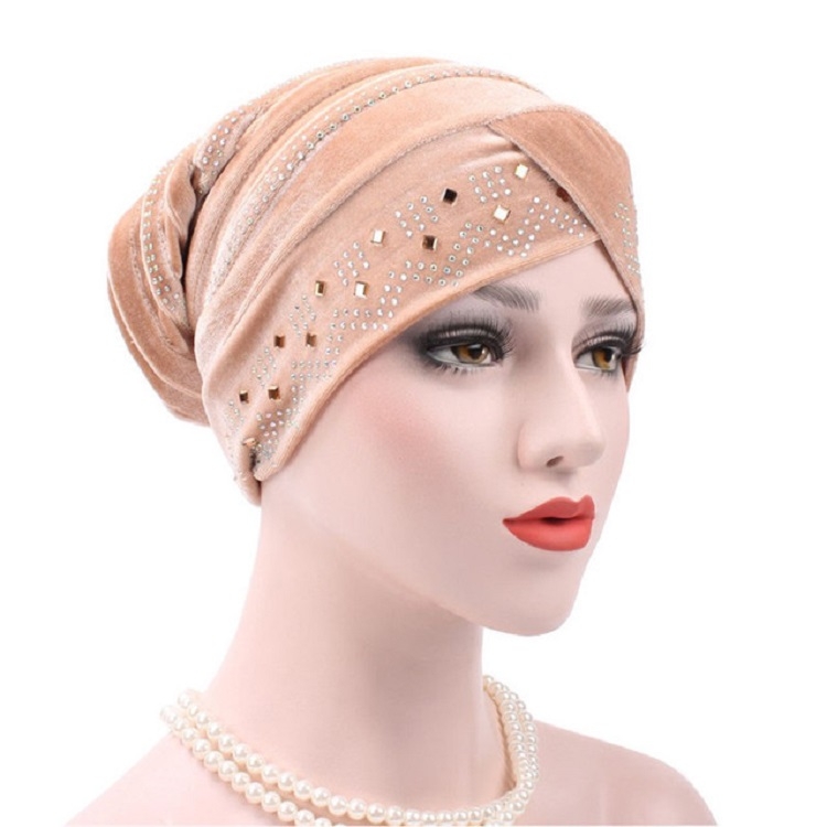 Pleuche Rhinestone Turban Hat Stacking Hat, Size:Adjustable(Apricot)