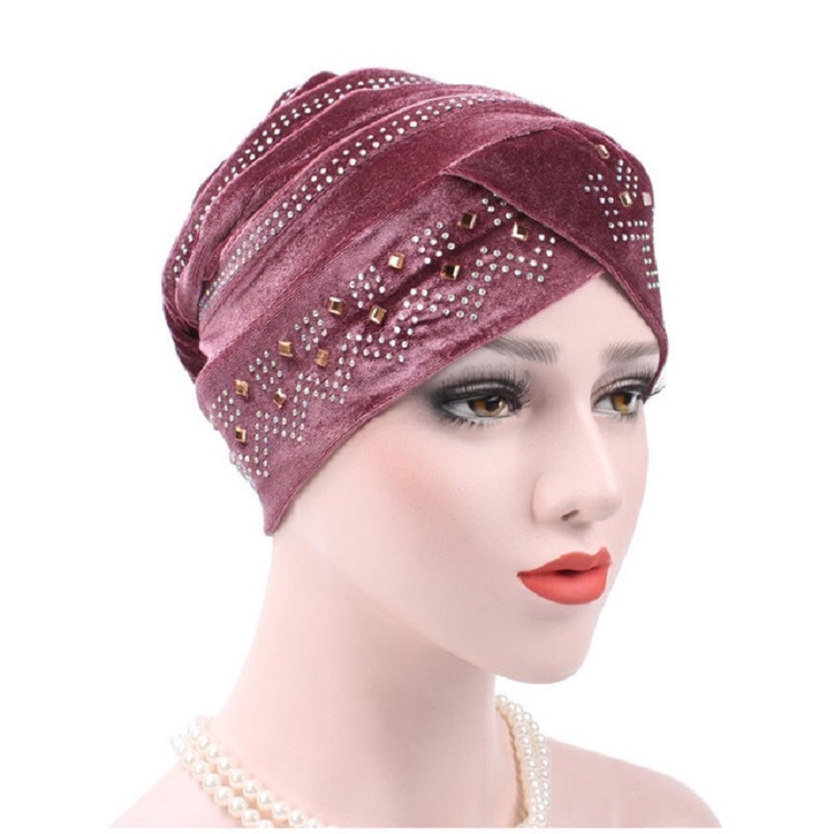 Pleuche Rhinestone Turban Hat Stacking Hat, Size:Adjustable(Bean Paste Color)