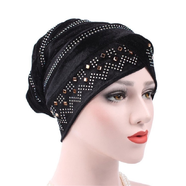 Pleuche Rhinestone Turban Hat Stacking Hat, Size:Adjustable(Black)