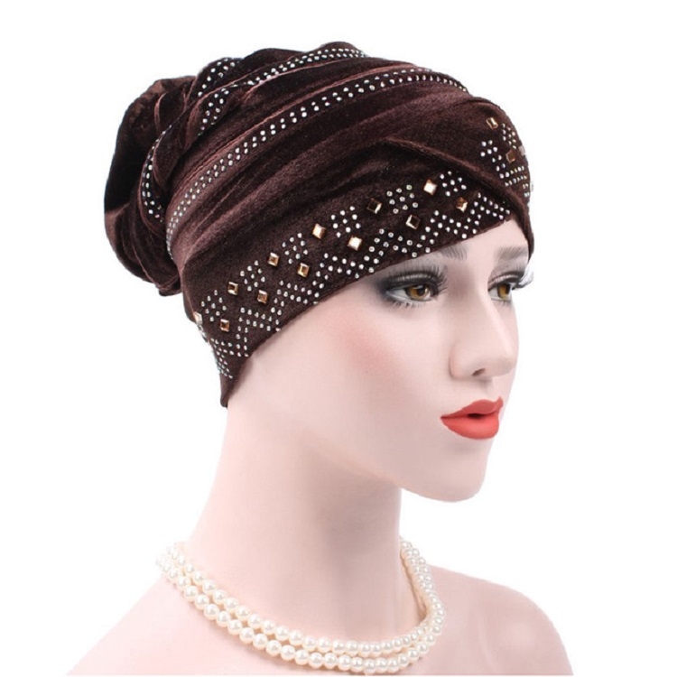 Pleuche Rhinestone Turban Hat Stacking Hat, Size:Adjustable(Dark Brown)