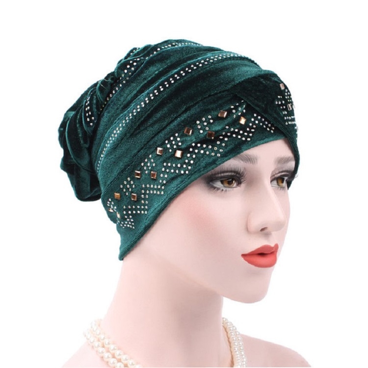 Pleuche Rhinestone Turban Hat Stacking Hat, Size:Adjustable(Dark Green)