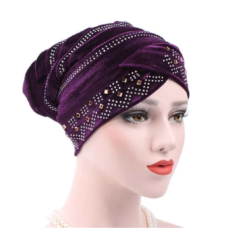 Pleuche Rhinestone Turban Hat Stacking Hat, Size:Adjustable(Dark Purple)