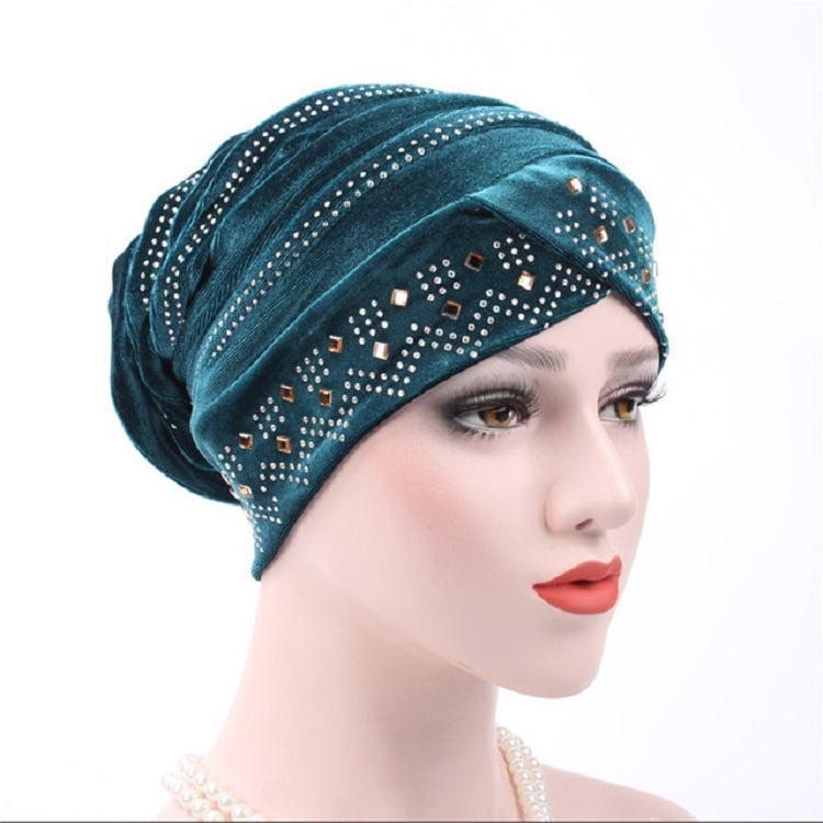 Pleuche Rhinestone Turban Hat Stacking Hat, Size:Adjustable(Denim Blue)