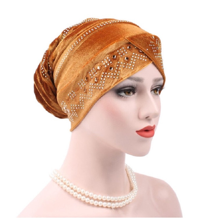Pleuche Rhinestone Turban Hat Stacking Hat, Size:Adjustable(Gold)
