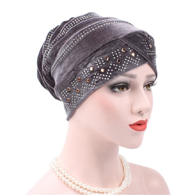 Pleuche Rhinestone Turban Hat Stacking Hat, Size:Adjustable(Gray)