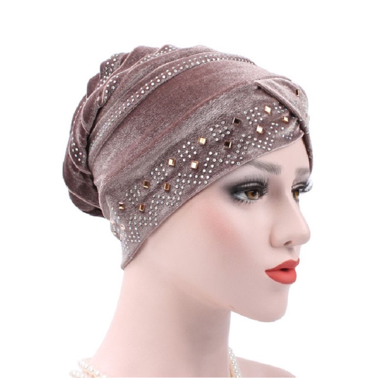 Pleuche Rhinestone Turban Hat Stacking Hat, Size:Adjustable(Light Brown)