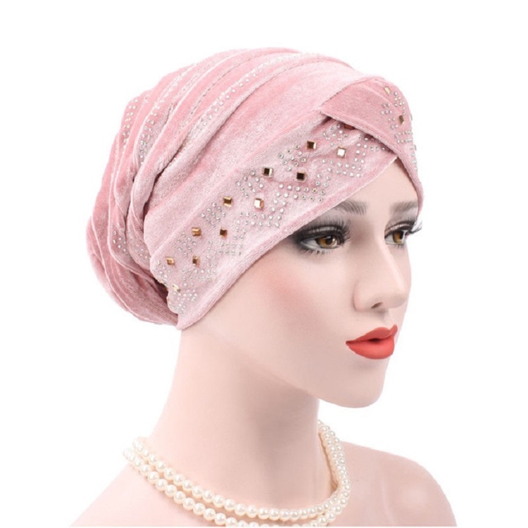 Pleuche Rhinestone Turban Hat Stacking Hat, Size:Adjustable(Pink)