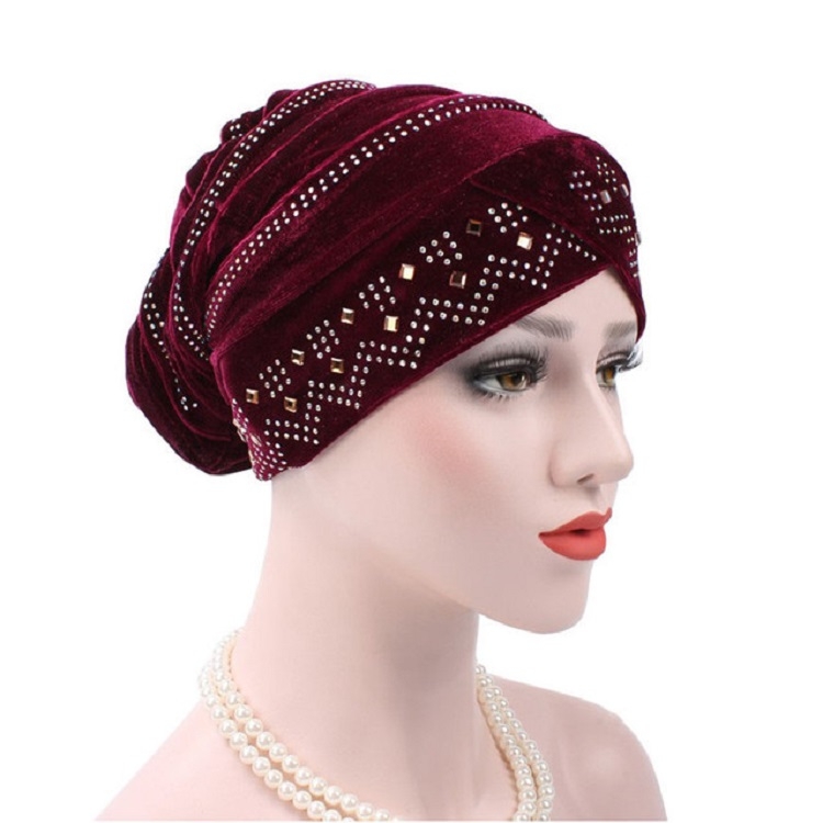 Pleuche Rhinestone Turban Hat Stacking Hat, Size:Adjustable(Red Wine)