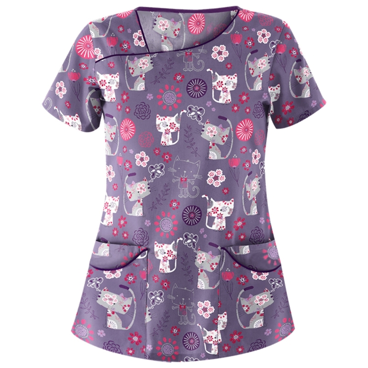 Printed Round Neck Slim-fit Nurse Uniform T-shirt (Color:Grey Size:M)