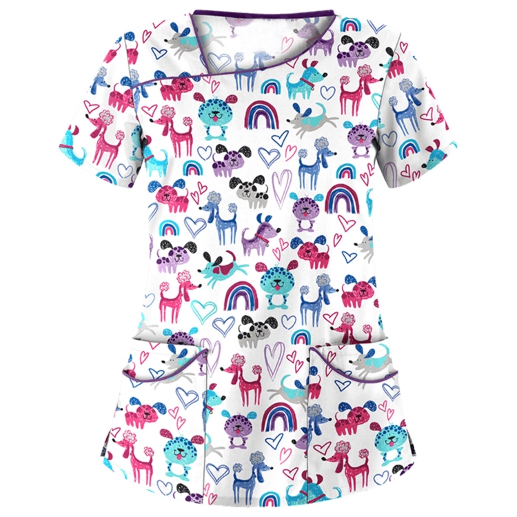 Printed Round Neck Slim-fit Nurse Uniform T-shirt (Color:White Size:M)