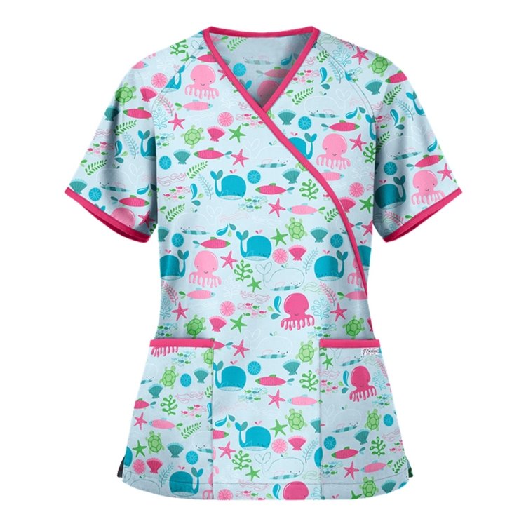 Printed V-neck Mid-length Nurse Uniform T-shirt (Color:Beige Size:S)