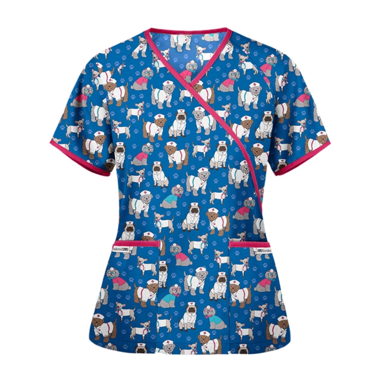 Printed V-neck Mid-length Nurse Uniform T-shirt (Color:Dark Blue Size:S)