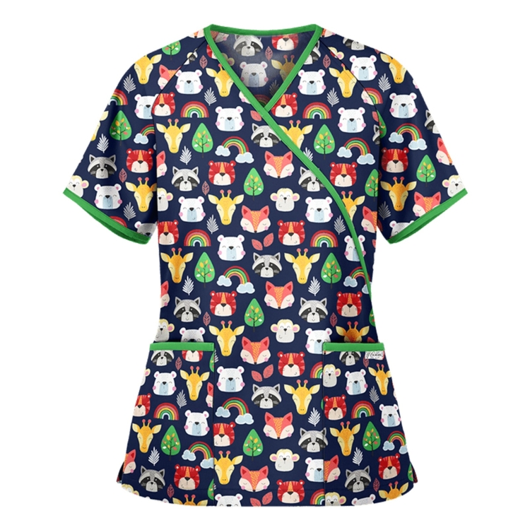 Printed V-neck Mid-length Nurse Uniform T-shirt (Color:Green Size:S)