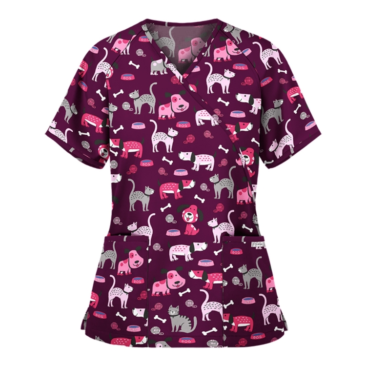 Printed V-neck Mid-length Nurse Uniform T-shirt (Color:Purple Size:M)
