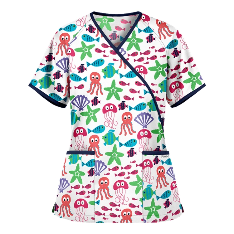 Printed V-neck Mid-length Nurse Uniform T-shirt (Color:White Size:M)