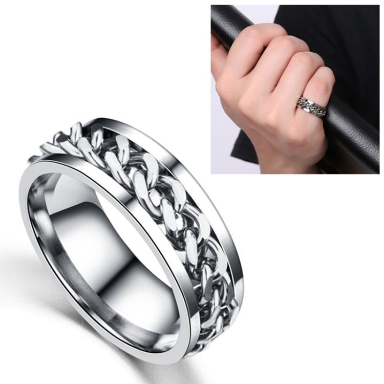 Punk Rock Stainless Steel Rotatable Chain Rings, Ring Size:7(Silver)